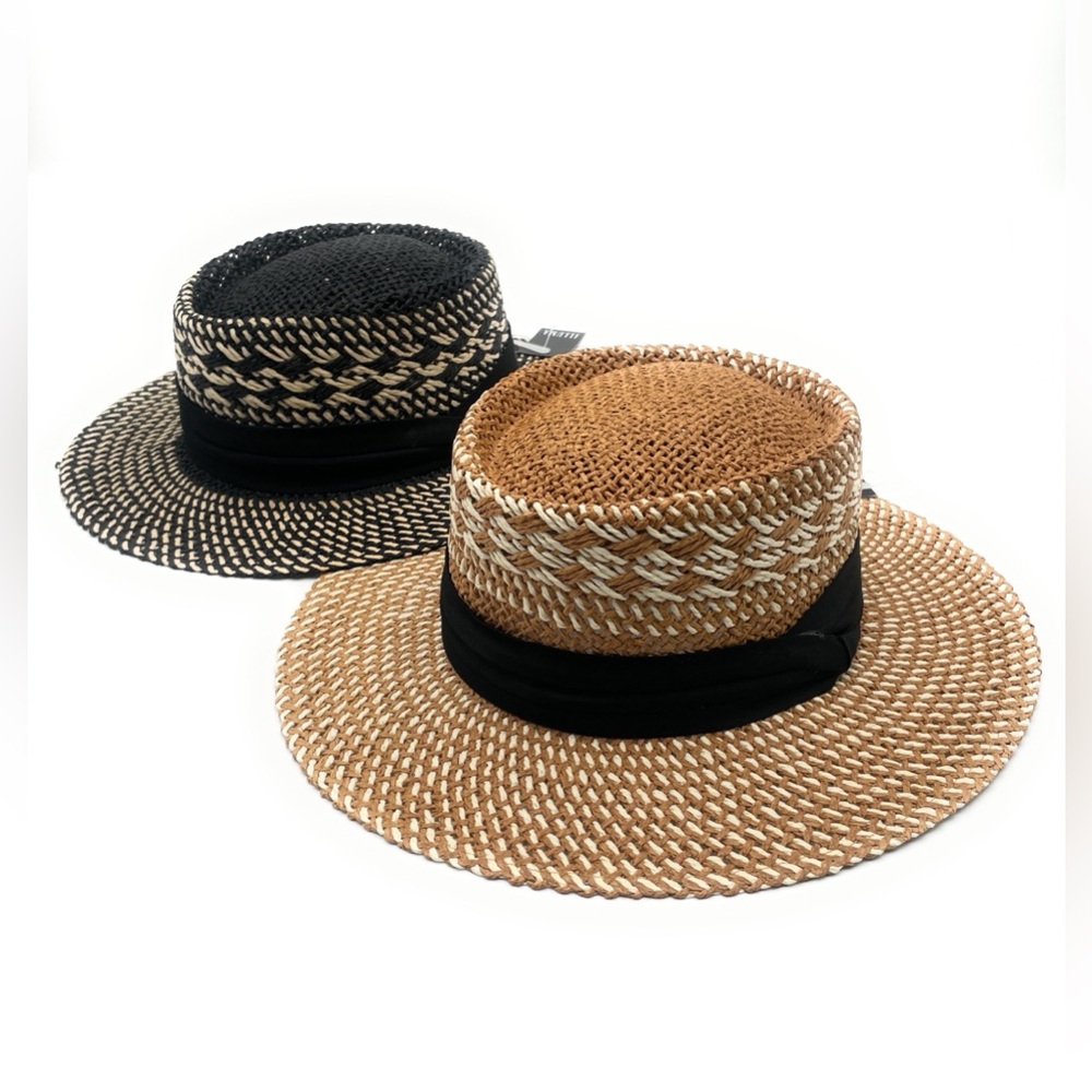 22. Illuma Boho Straw Sun Hat – Patterned Weave & Black Accent Band NWT